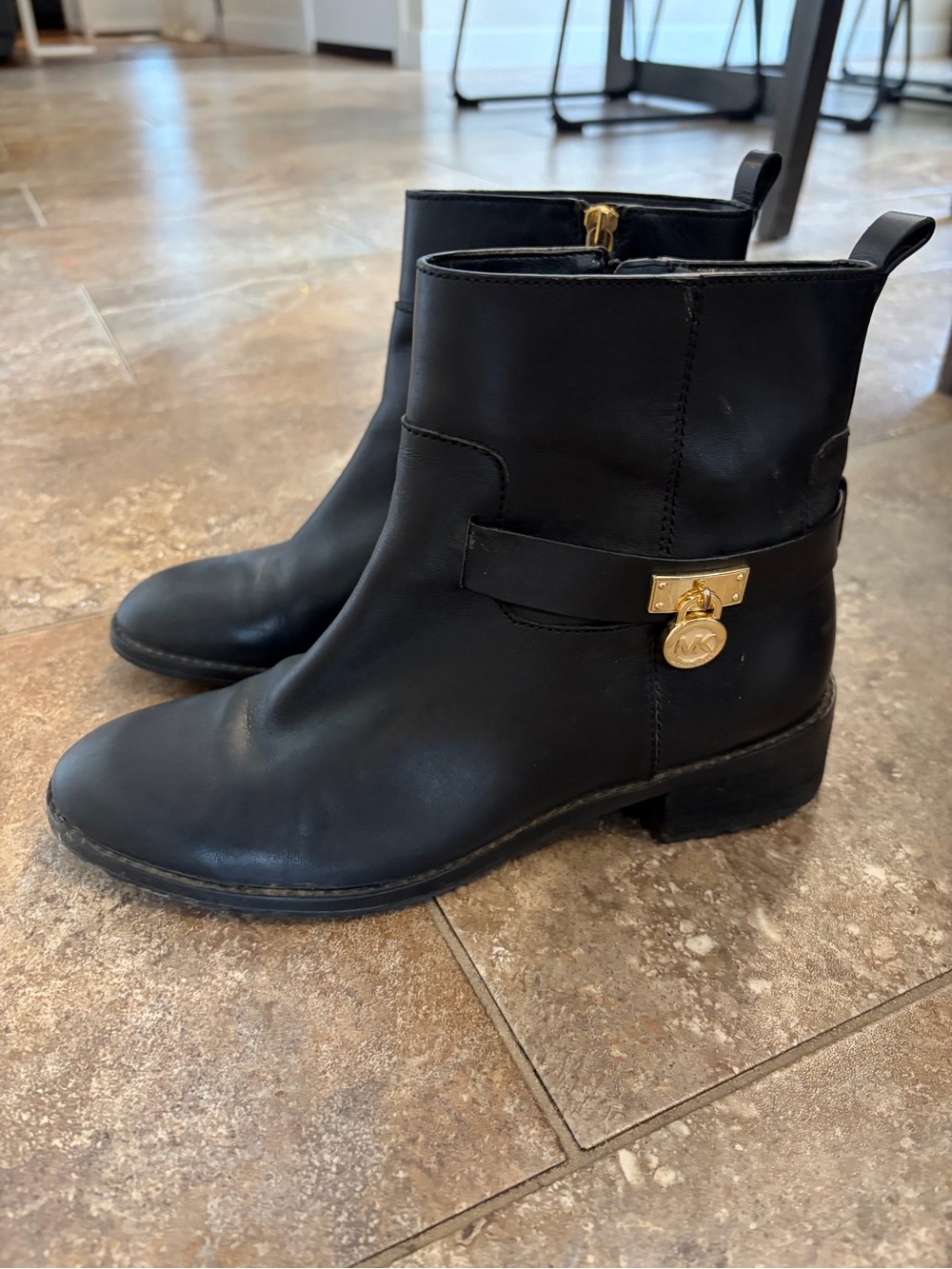 Michael Kors Black Leather Ankle Booties with Gold Charm